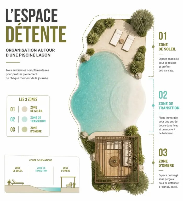 Schéma des zones d'aménagement d'un espace détente extérieur autour d'une piscine lagon