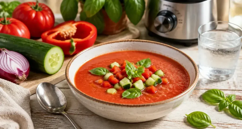 Gaspacho tomate concombre frais en bol, prêt en 15 minutes