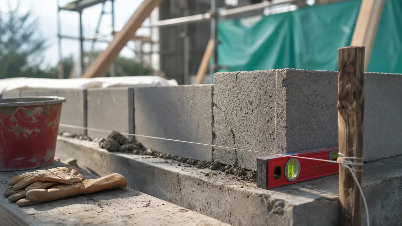 Monter un mur en parpaing sans fissures : fondations et première rangée sur béton frais