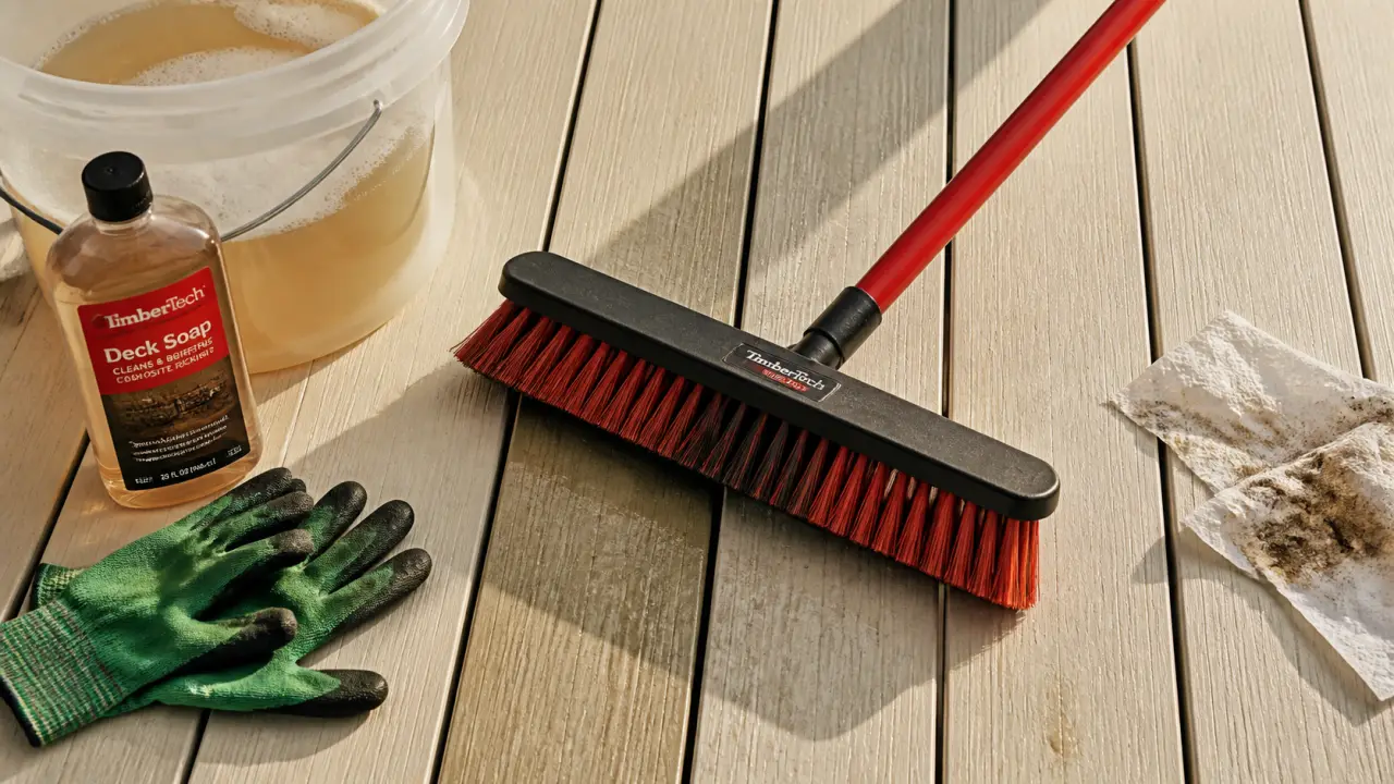 Nettoyer terrasse en composite : eau savonneuse et brosse en gros plan