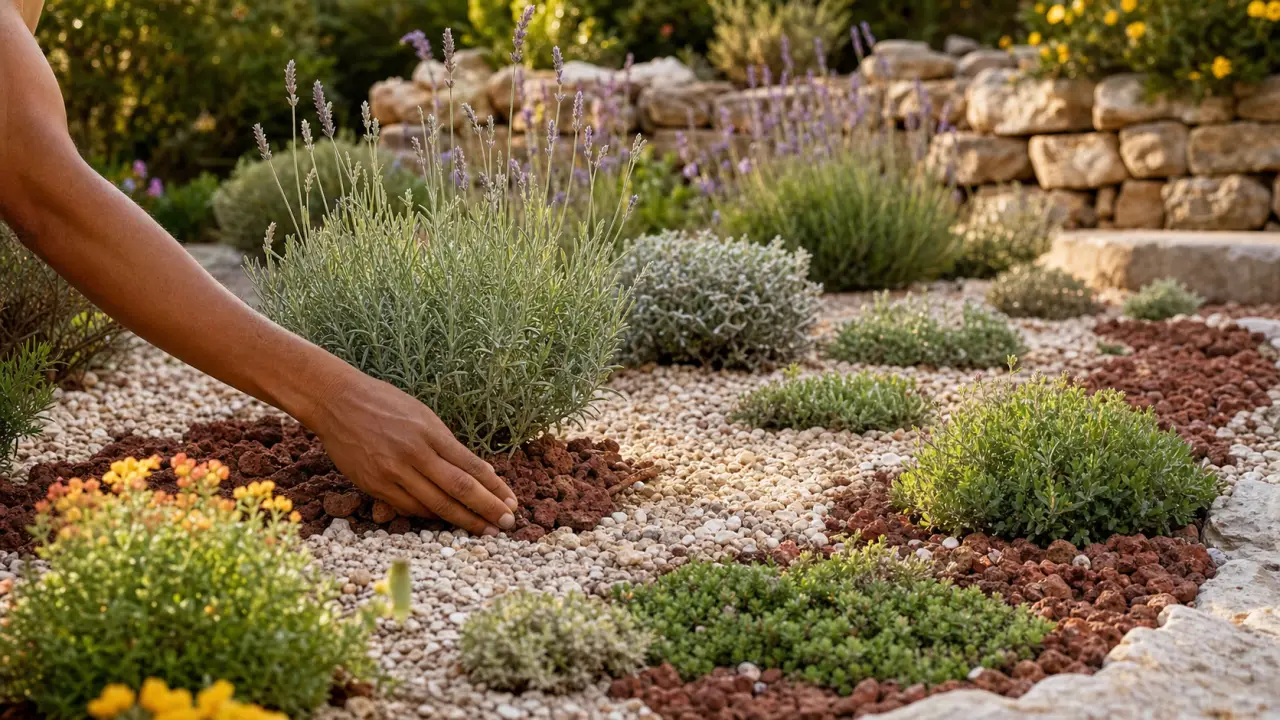 Plantes méditerranéennes sans arrosage dans un jardin sec au gravier, lavande et thym