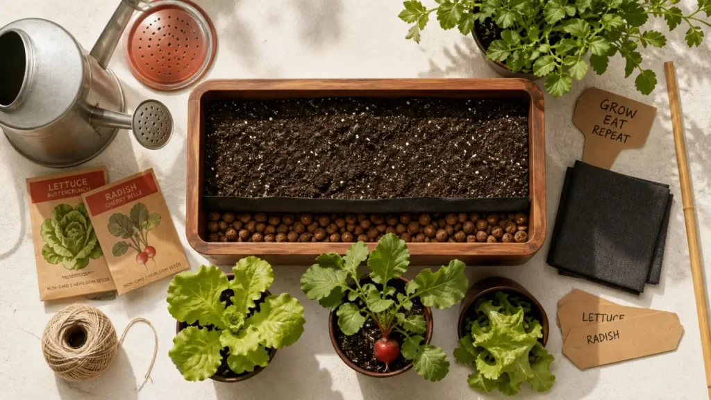 Potager balcon : mini potager en jardinière profonde avec pousses de salades et radis