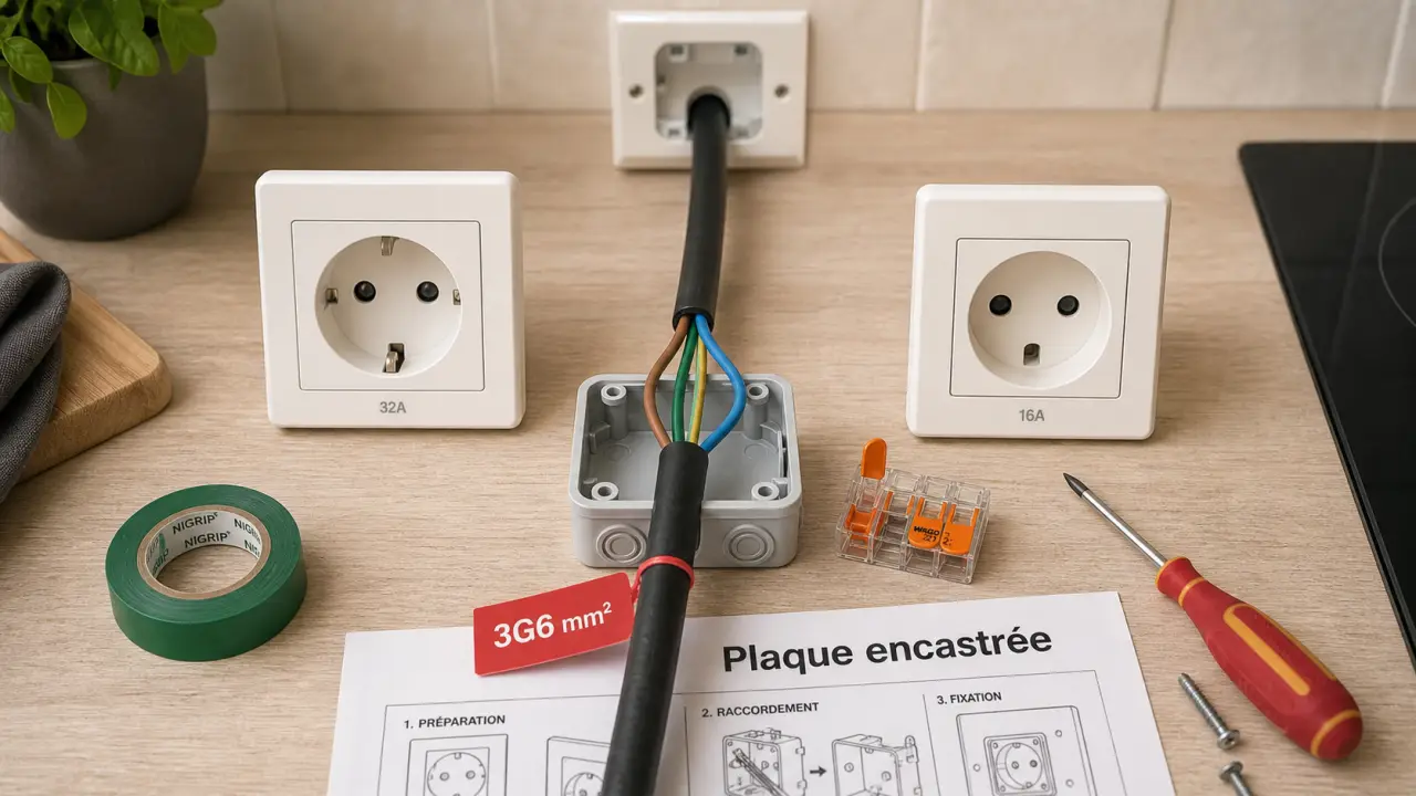 Prise plaque de cuisson 32A et prise standard 16A côte à côte