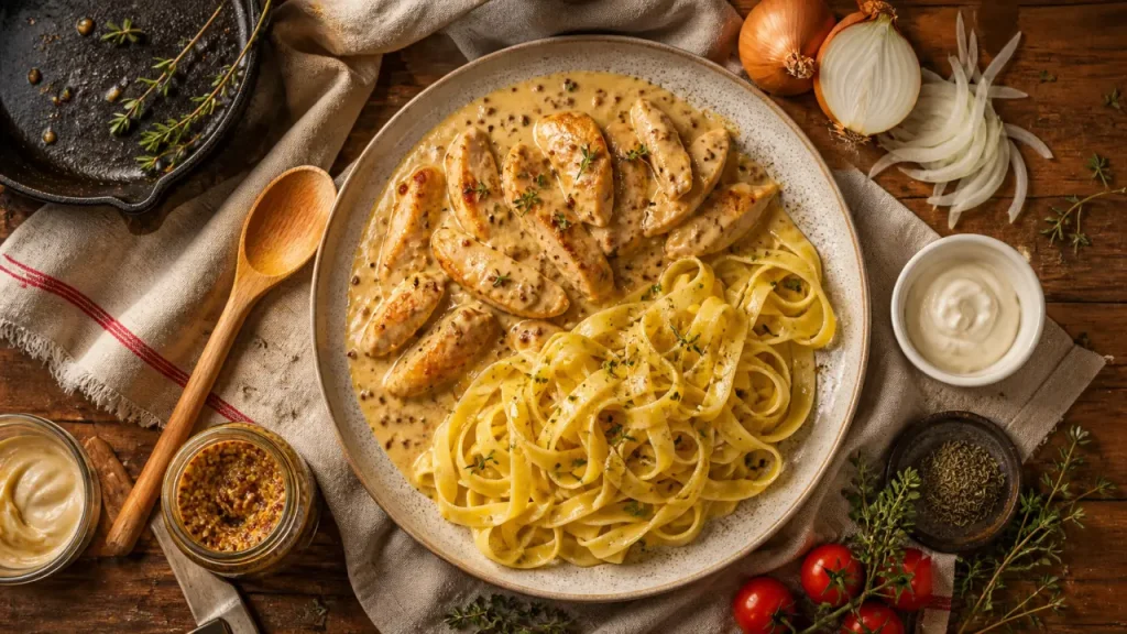 Recette d'aiguillettes de poulet en crème et moutarde, à la poêle
