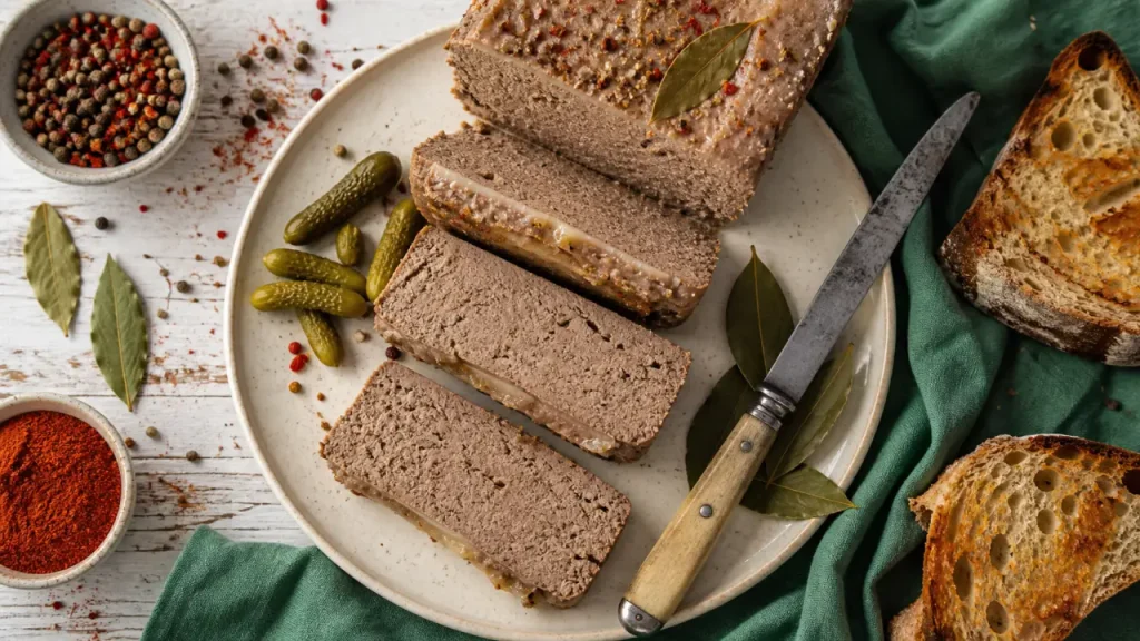 Recette du paté de foie maison : terrine tranchée, pain et cornichons