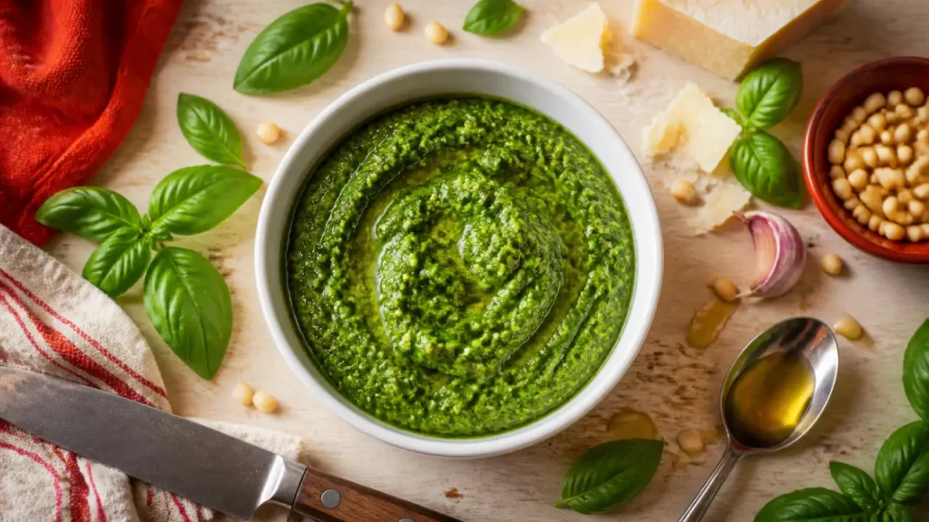 Recette pour pesto basilic maison : feuilles de basilic vert vif, pignons, parmesan, huile d’olive