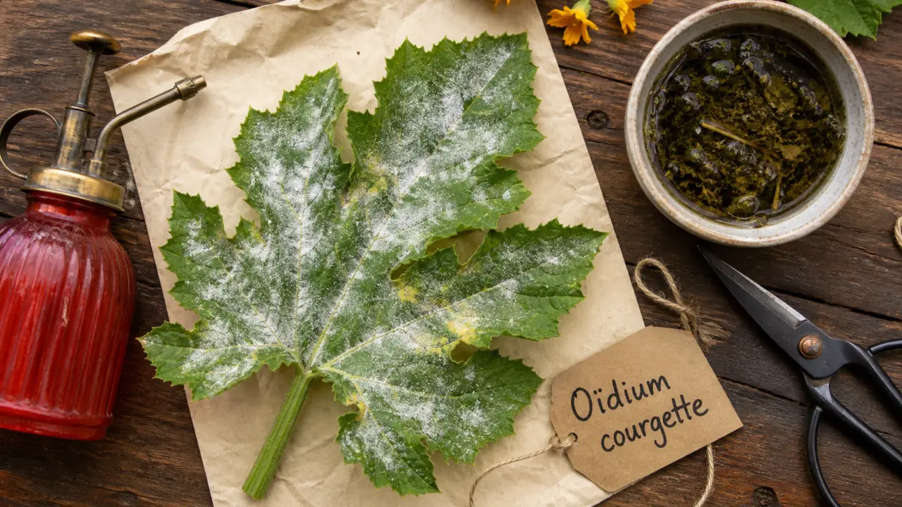 Traitement oidium courgette : feuille de courgette avec oïdium blanchâtre