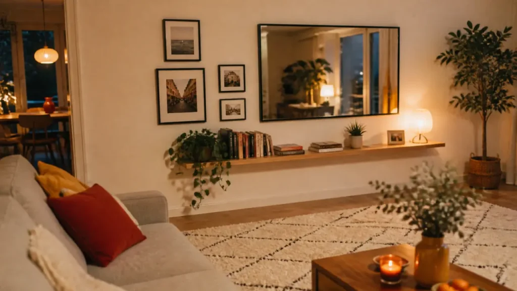 Décorer mur blanc : cadres noirs et miroir pour un salon lumineux