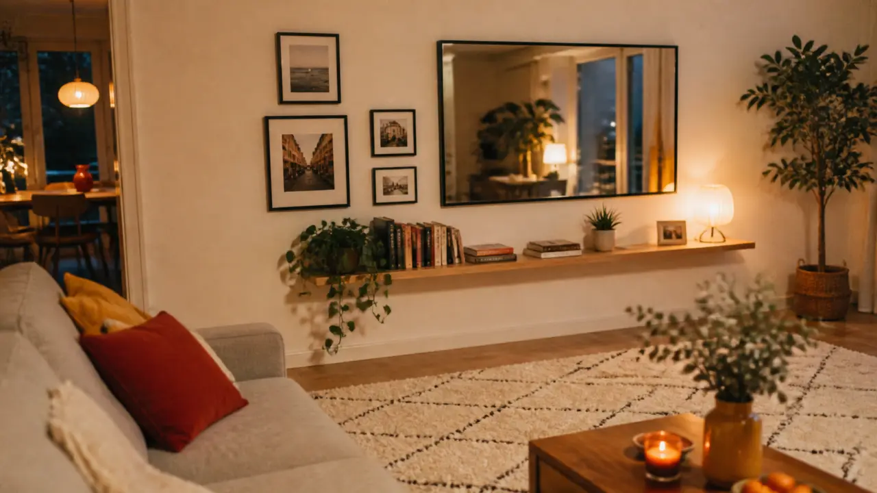 Décorer mur blanc : cadres noirs et miroir pour un salon lumineux