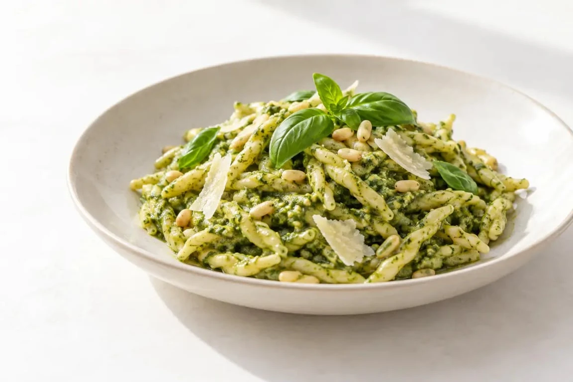 Pesto recette italienne alla Genovese servi avec des trofie