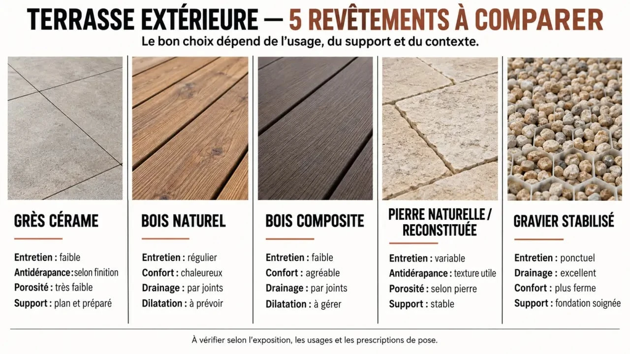 Infographie comparative des revêtements de sol extérieur pour terrasse