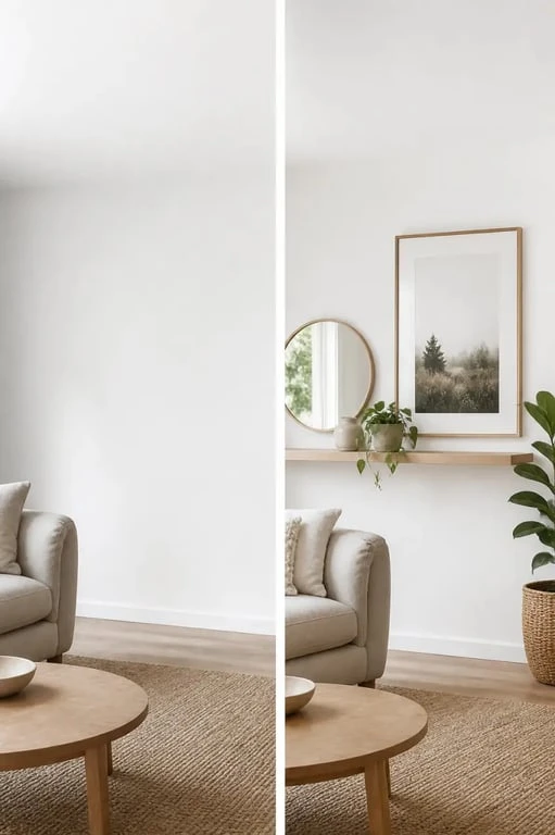 Décorer mur blanc : avant/après d’un mur blanc dans un salon avec tableau, miroir et étagère