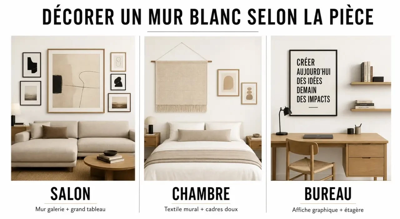 Décorer mur blanc selon la pièce avec idées pour salon, chambre et bureau