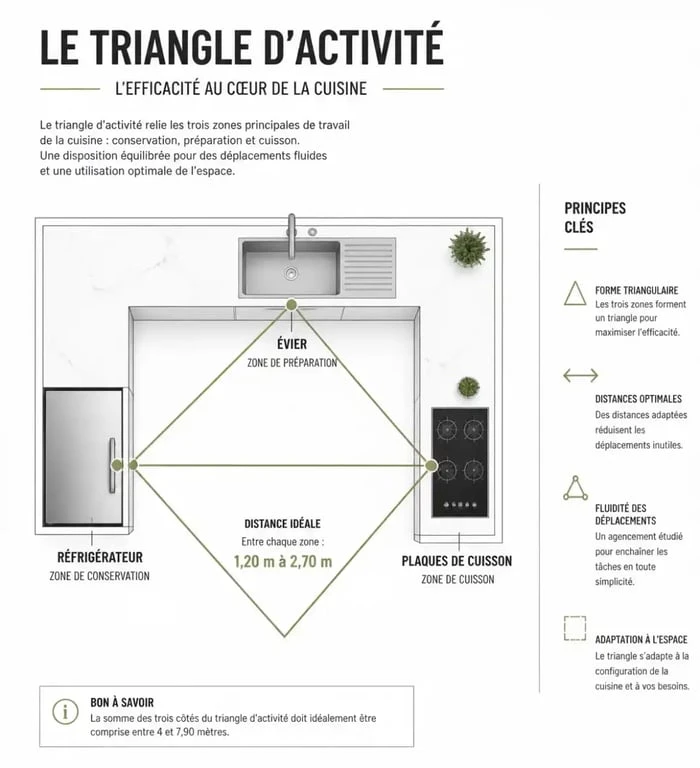 Schéma du triangle d'activité dans une cuisine équipée et aménagée