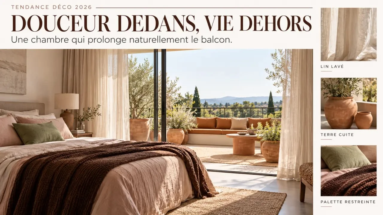 Chambre et balcon aménagés selon la tendance déco maison 2026 avec lin, vert sauge et tons ocre