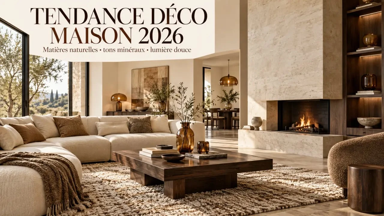 Salon chaleureux illustrant la tendance déco maison 2026 avec bois foncé, matières naturelles et tons terreux