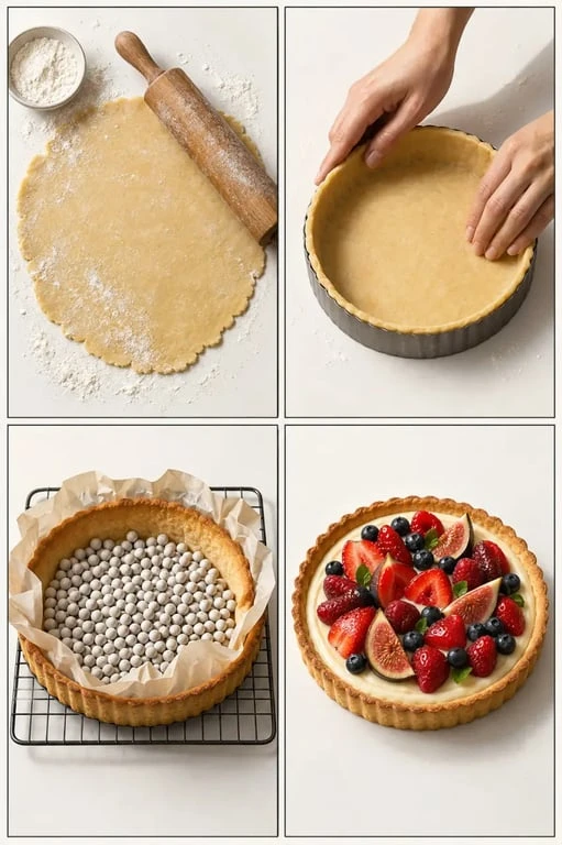 Étapes de préparation et de cuisson d’un fond de tarte avant le garnissage