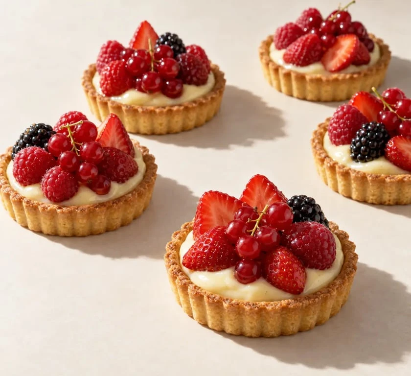 Fond de tarte sucré croustillant garni de crème pâtissière et de fruits rouges