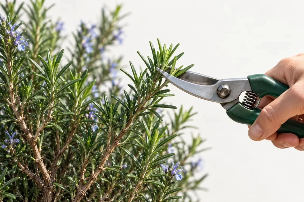 Taille douce du romarin jardin sur les rameaux verts après floraison