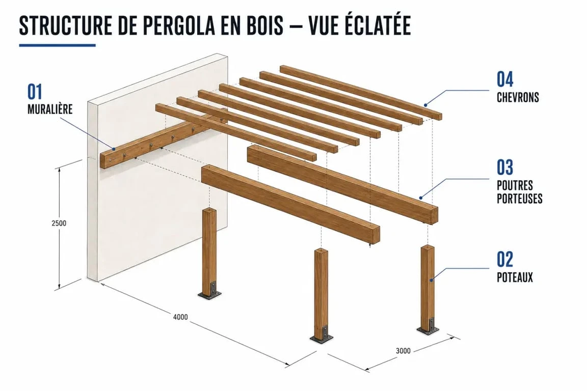 Schéma des composants pour fabriquer une pergolas en bois