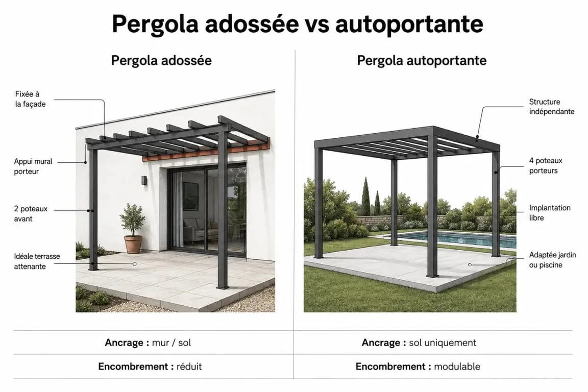 Comparatif pergola adossée et autoportante pour fabriquer une pergolas