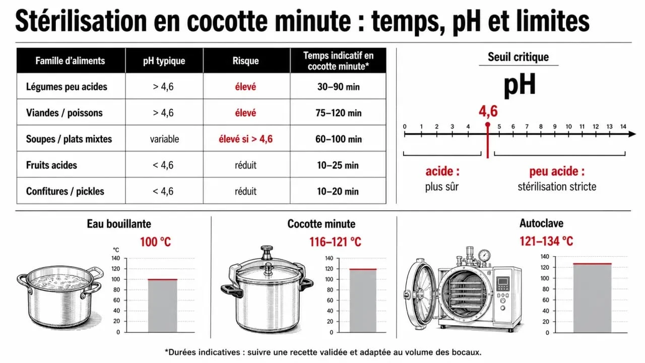 Tableau temps de stérilisation en cocotte minute avec durées par aliment et seuil de pH 4,6