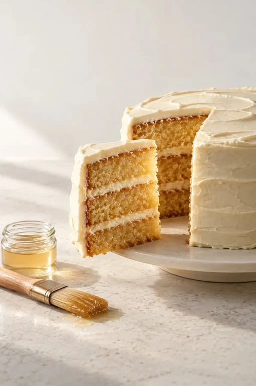Sirop pour gateau appliqué au pinceau sur un gâteau à étages moelleux