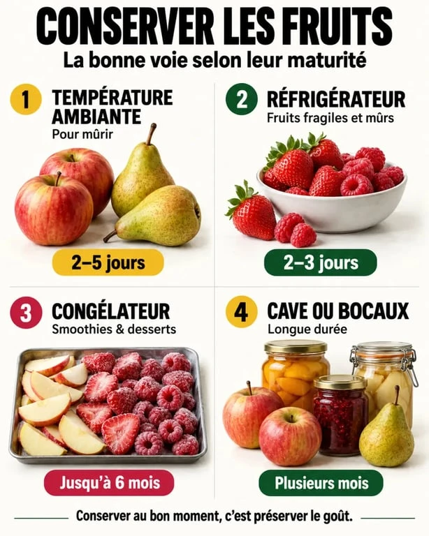Infographie sur la conservation fruit au réfrigérateur, au congélateur, en cave et en bocaux