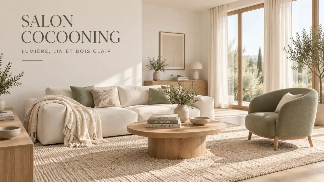 Salon avec décoration scandinave cocooning, bois clair, textiles doux et lumière naturelle