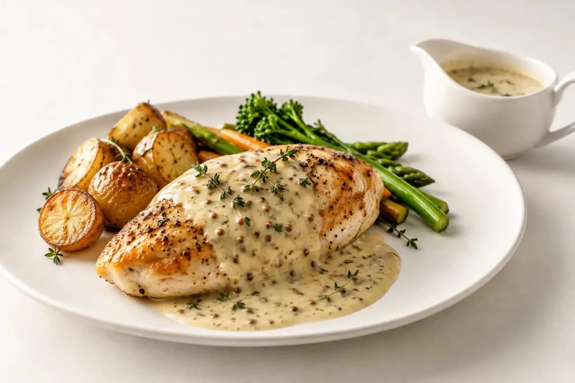Sauce accompagnement pour poulet crémeuse à la moutarde servie avec du poulet rôti