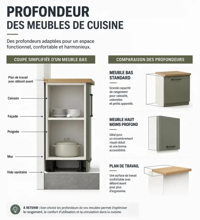 Infographie sur la profondeur meubles cuisine avec caisson, façade, poignée et plan de travail