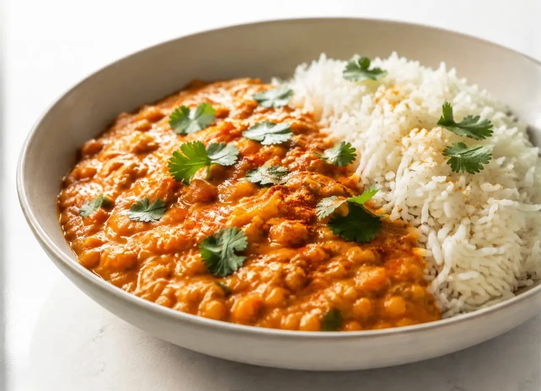 Recette lentilles corail simple : curry crémeux au lait de coco servi avec du riz