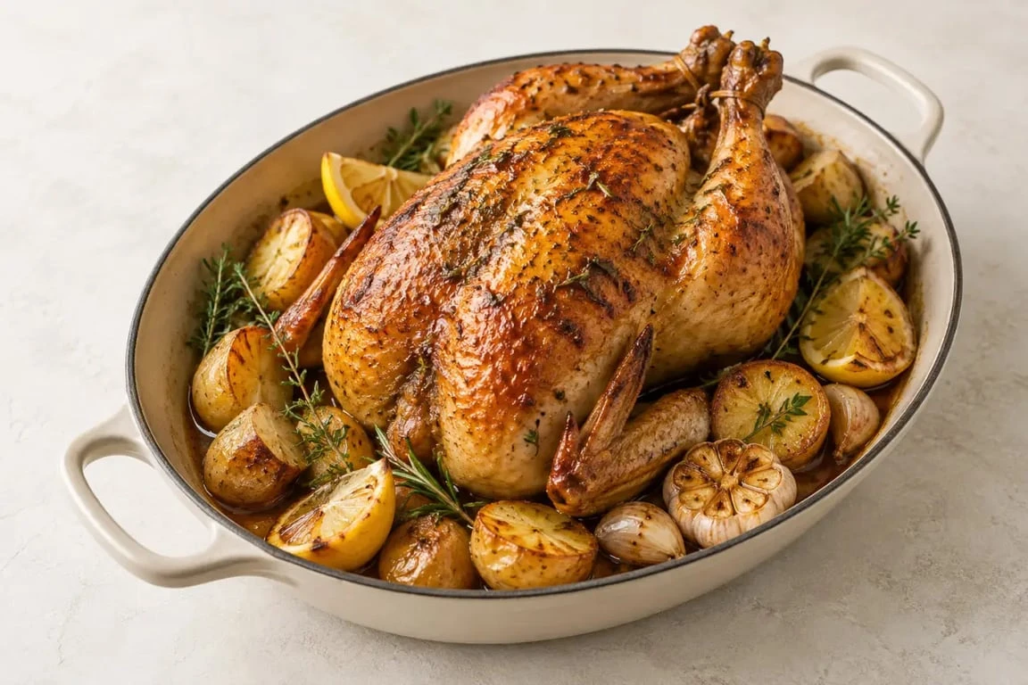 Poulet rotisserie rôti au four à la peau dorée et croustillante