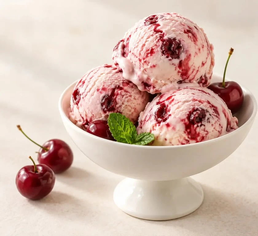 Glace cerise recette maison crémeuse servie avec des cerises fraîches