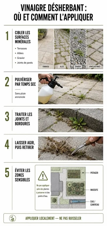 Étapes et précautions d'utilisation du vinaigre desherbant selon les surfaces du jardin.