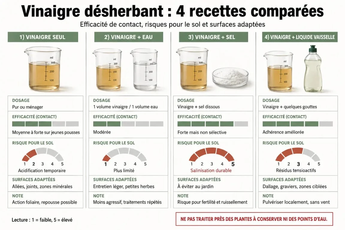 Comparatif des recettes de vinaigre desherbant et de leurs risques sur différentes surfaces.