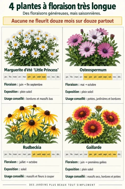 Plante qui fleurit toute l'année : comparaison des périodes de floraison de quatre plantes de jardin