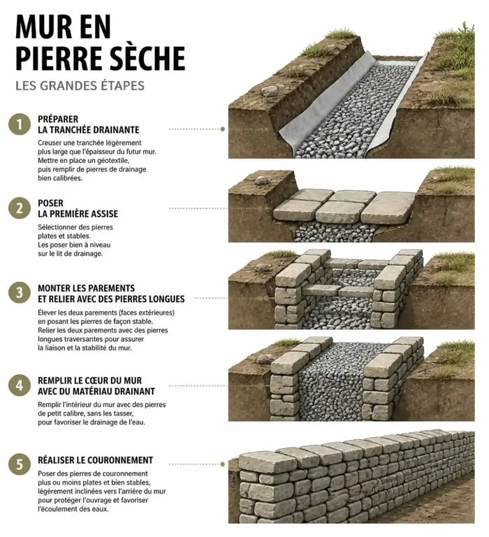 Étapes pour construire un mur en pierre sèche avec assise, drainage, boutisses et couronnement