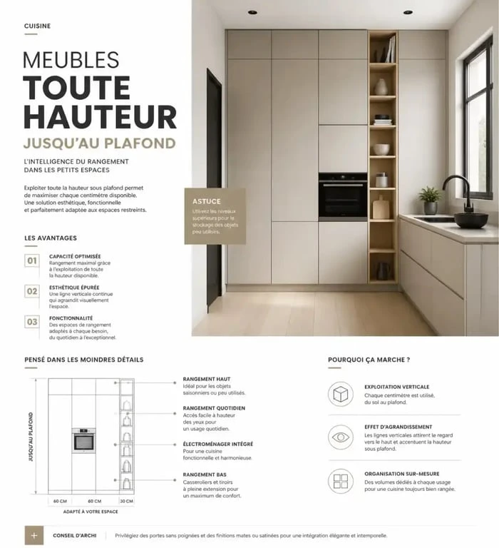 Meubles hauts toute hauteur pour optimiser le rangement dans une petite cuisine.