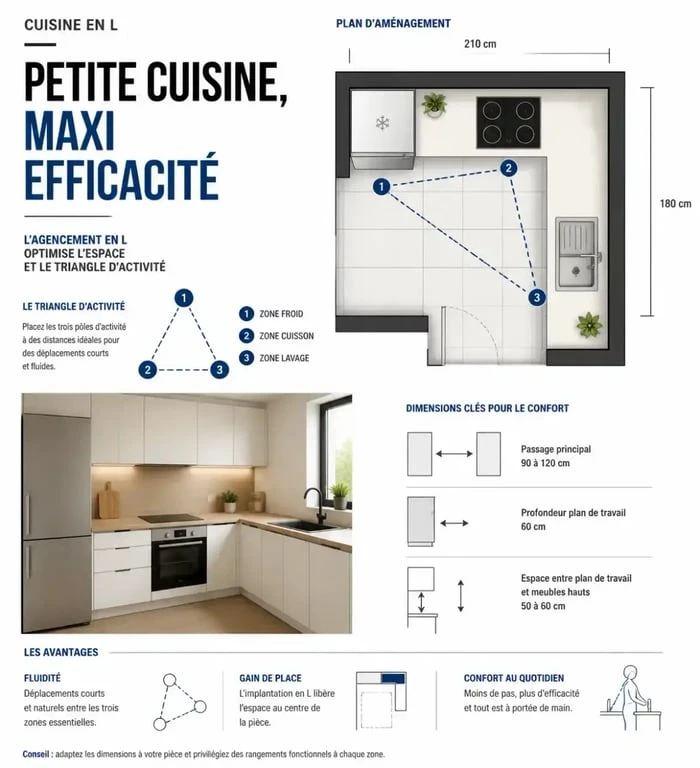 Aménagement d'une petite cuisine en L pour optimiser les rangements et l'ergonomie.