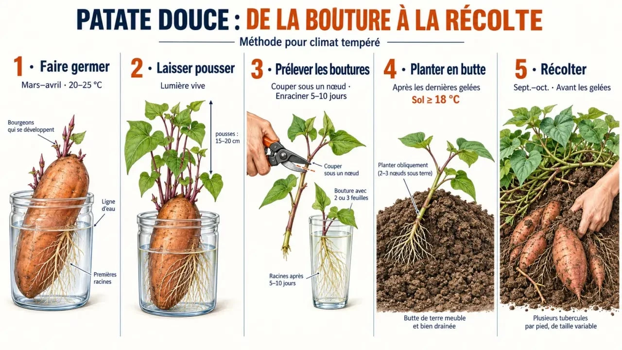 Étapes pour réussir une patate douce à planter, de la germination à la récolte