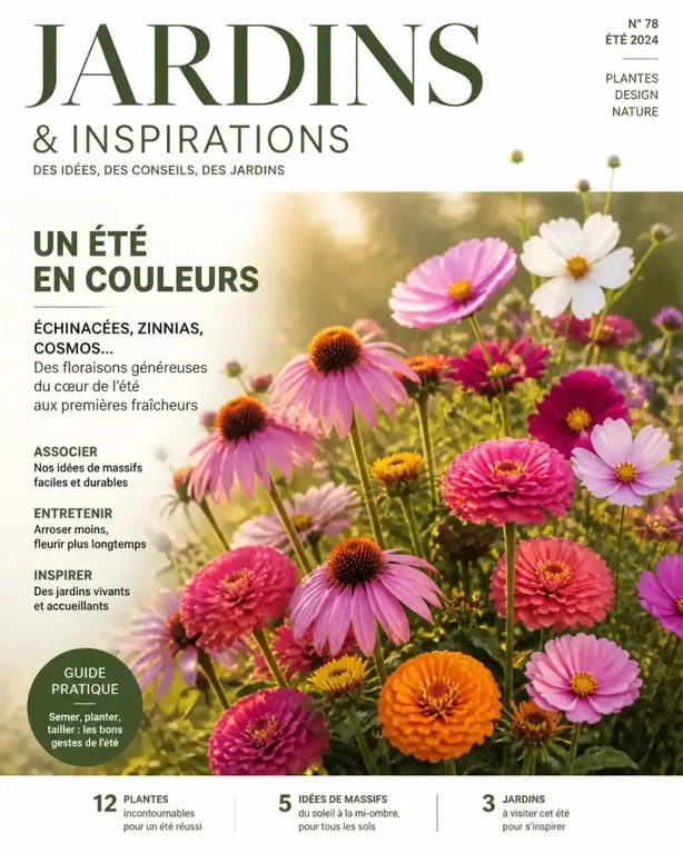 Massif de fleurs d'été colorées incluant échinacées et zinnias pour un jardin fleuri