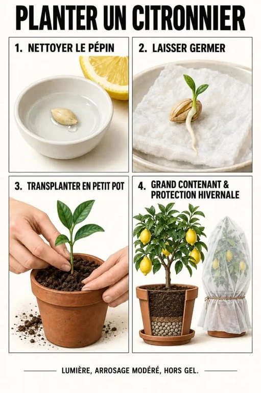 Étapes pour planter citron, de la germination du pépin à la plantation du citronnier en pot