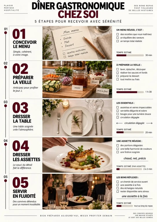 Comment organiser un dîner gastronomique chez soi avec succès : étapes de préparation, dressage et service