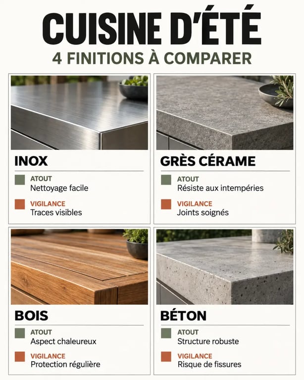 Aménager une cuisine d’été fonctionnelle : comparaison des matériaux inox, grès cérame, bois et béton