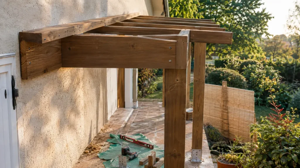 Fabriquer une pergolas : montage pergola adossée en bois sur platines