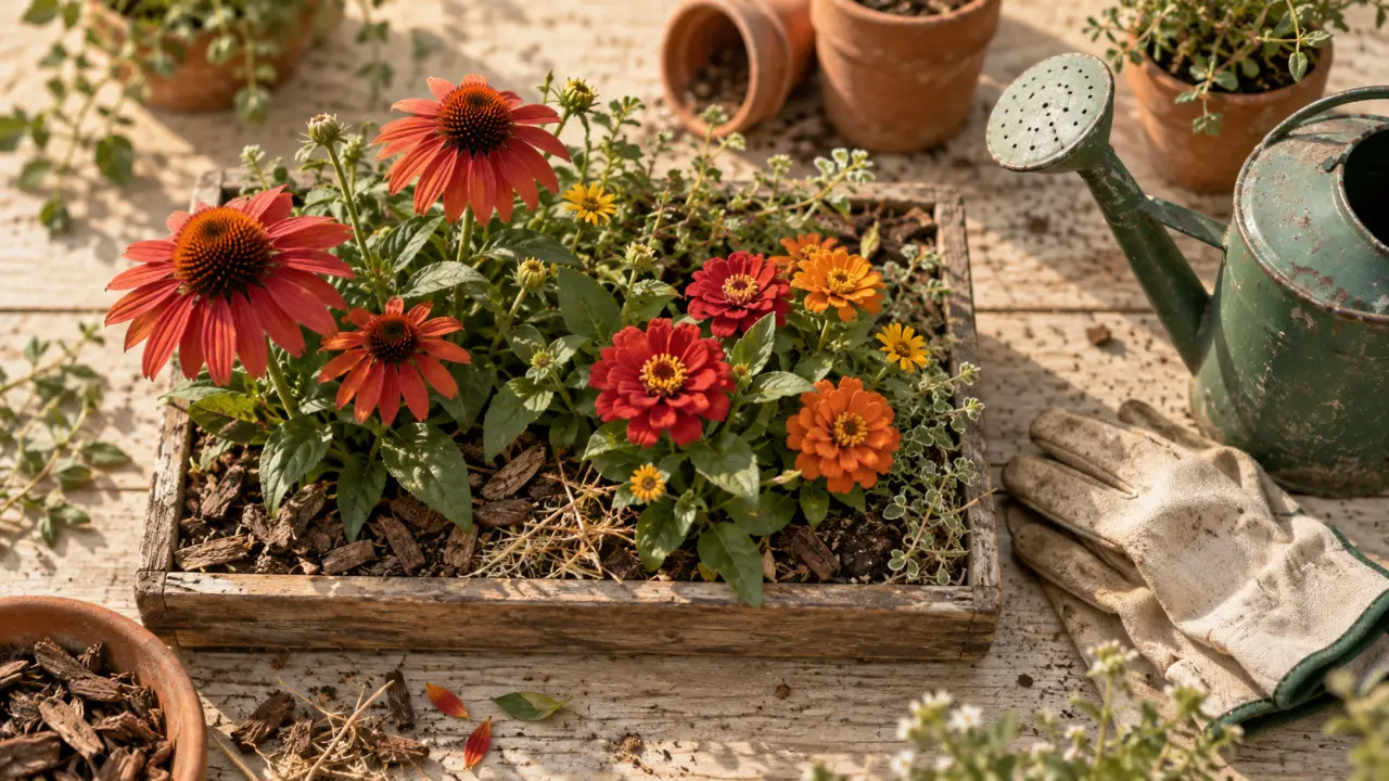 Fleurs ete : zinnias et echinacées, jardin en miniature, paillage et arrosoir
