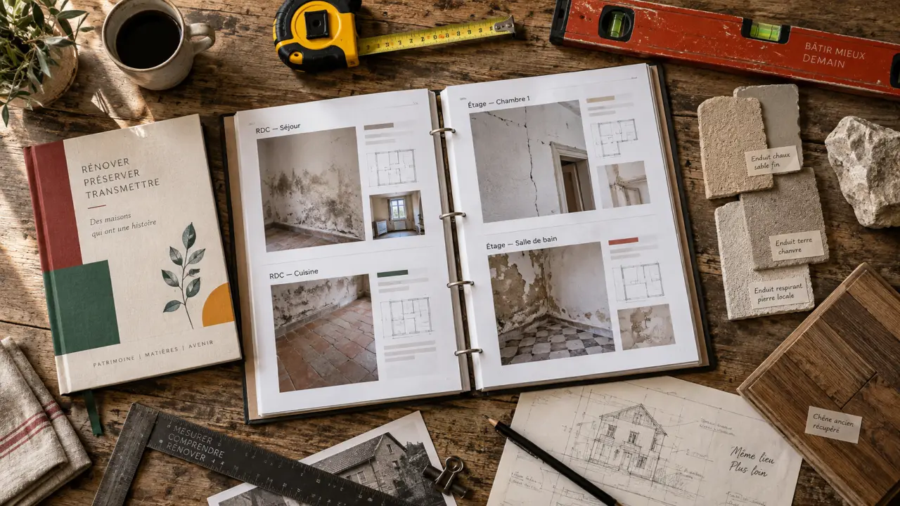Idée rénovation maison ancienne : diagnostic humidité et confort, échantillons et plans de rénovation