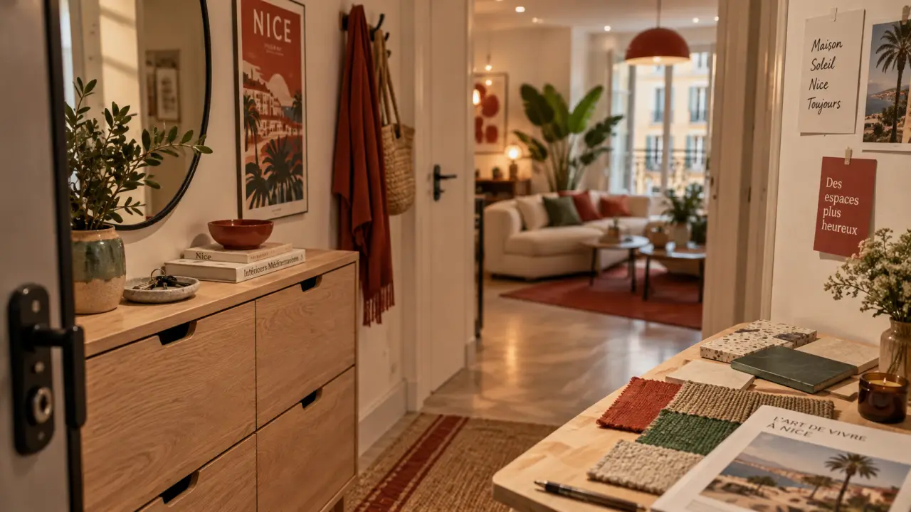 Jolie maison décoration à Nice : entrée lumineuse, bois et miroir