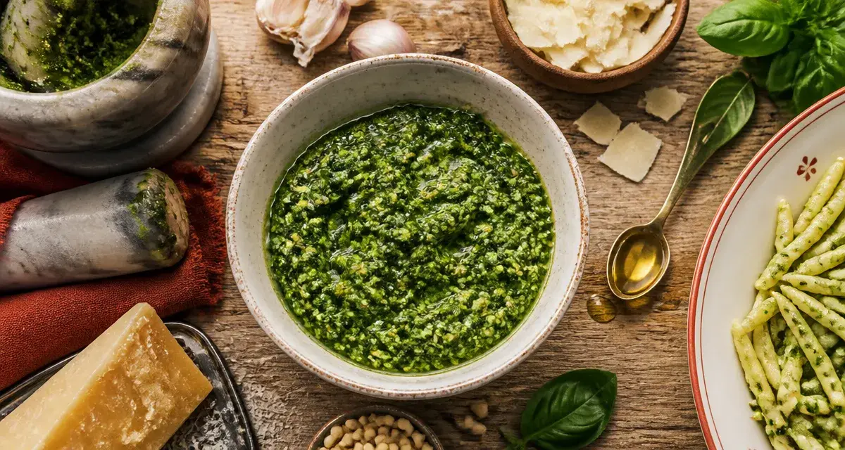 Pesto recette italienne alla Genovese sans cuisson, basilic et pignons, vue de dessus